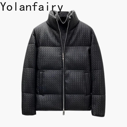 YOLANFAIRY Luxury Top Layer Sheepskin Leather Jackets for Man 2025 Winter Fashion White Goose Down Coat Warm Black Puffer Jacket