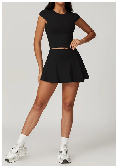 Custom LOGO women's beautiful back tight yoga set quick-drying high waist hip lift running fitness sports skirt 2-piece set