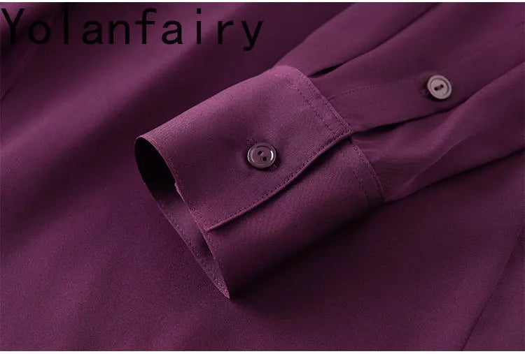 YOLANFAIRY 93% Real Mulberry Silk Shirts for Women Spring 2026 Elegant Solid Long Sleeve Shirt Woman Top Ribbon OL Blouses Trend