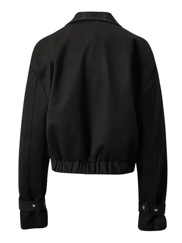 DEAT Fashion Cropped Bomber Jacket Women's Plaid Collar Loose Black Zipper Outerwear Short Coat Spring Autumn New