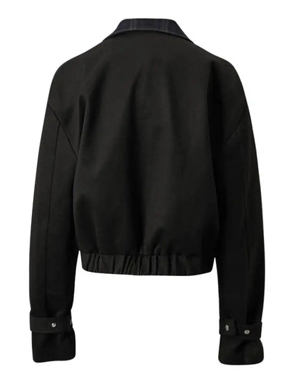 DEAT Fashion Cropped Bomber Jacket Women's Plaid Collar Loose Black Zipper Outerwear Short Coat Spring Autumn New