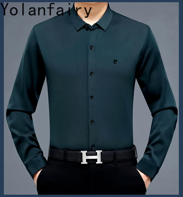 YOLANFAIRY 100% Mulberry Silk Long Sleeve Shirt Man Spring Autumn Casual Silk Mens Shirts Warm Male White Shirt chemises hommes