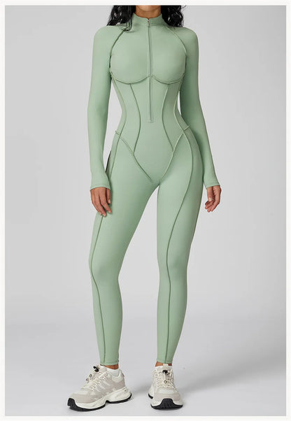 TRY TO BN Gym Jumpsuit Half Zipper Sports Stripe Fitness Bodysuit One-Piece Workout Activewear Tights Woman Suits Yoga Clothing