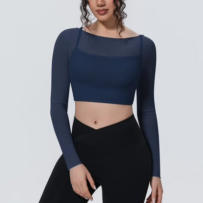 Hearuisavy Women's Mesh Long Sleeve Yoga Top With Padded Bra Fake Two Piece Gym Clothing Fitness Top Quick Dry Sports Crop Top