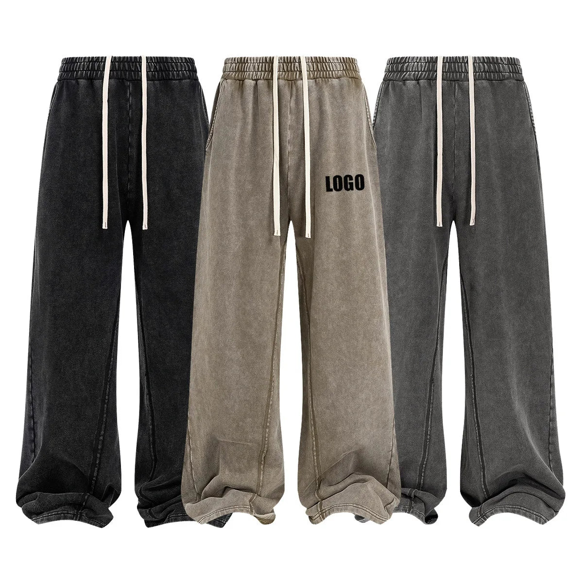 Custom LOGO Men's New 380G Heavy 100% Cotton 2025 Loose Retro Wide Leg Scattered Sports Casual Pants