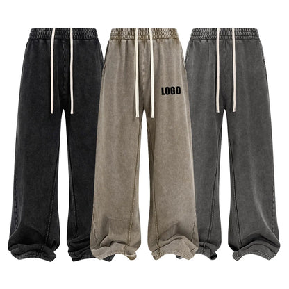 Custom LOGO Men's New 380G Heavy 100% Cotton 2025 Loose Retro Wide Leg Scattered Sports Casual Pants