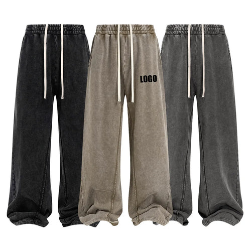 Custom LOGO Men's New 380G Heavy 100% Cotton 2025 Loose Retro Wide Leg Scattered Sports Casual Pants