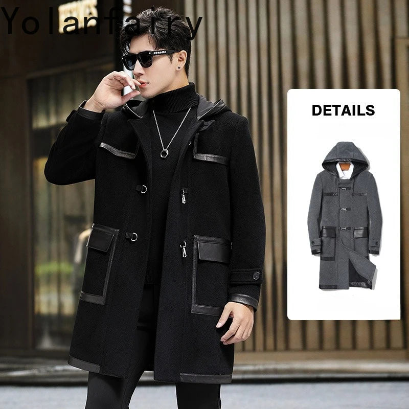 YOLANFAIRY Luxury Woolen Jackets for Man Autumn Winter Mid-length Pure Wool Patchwork Sheepskin Trench Coat Hooded Mens Jacket