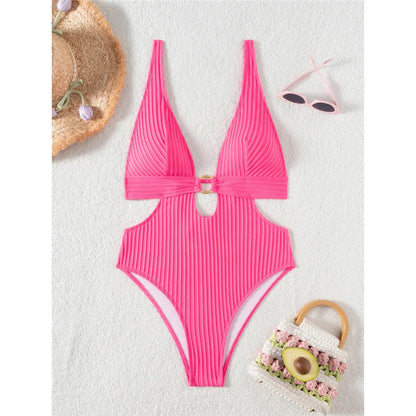 Sexy 8 Colors Deep V Neck Cut Out One Piece Swimsuit Women Swimwear Female High Leg Cut Monokini Bather Bathing Suit Swim V7177