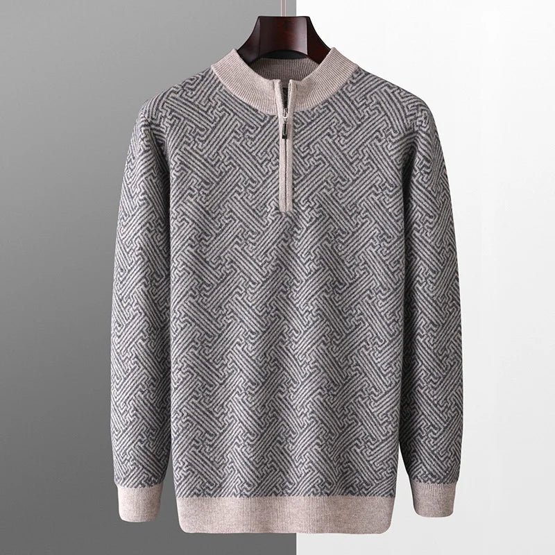 Men's 100% Merino Wool Jacquard Sweater Mock Collar Half Zip Thick Pullover Autumn Winter Cashmere Knitwear Long Sleeved Top