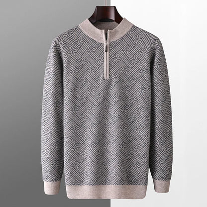 Men's 100% Merino Wool Jacquard Sweater Mock Collar Half Zip Thick Pullover Autumn Winter Cashmere Knitwear Long Sleeved Top