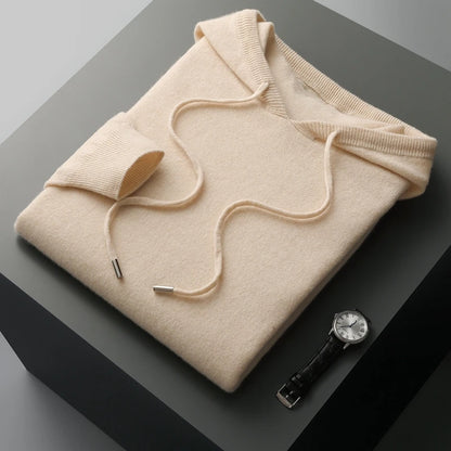 Men's 100% Merino Wool Sweater Hooded Collar Knitted Pullover Cashmere Sweatshirt Autumn Winter Casual Large Tops Long Sleeved