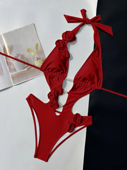 Sexy 3D Flowers Deep V Neck Halter Women Swimwear One Piece Swimsuit Female High Cut Leg Monokini Bather Bathing Suit Swim V6986