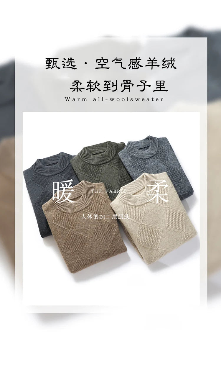 Autumn Winter New Style 100% Goat Cashmere Men's Mock Neck Diamond Knitted Base Shirt Casual Business Top Fashionable Knitwear