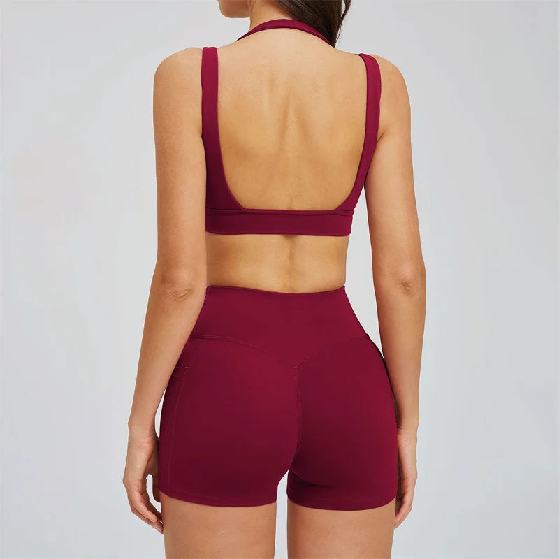 TRY TO BN Women's Tracksuit Shorts Sports Gym Set Halter Neck Fitness Cross Waisted Short Running Two Pieces Suits Yoga Clothing