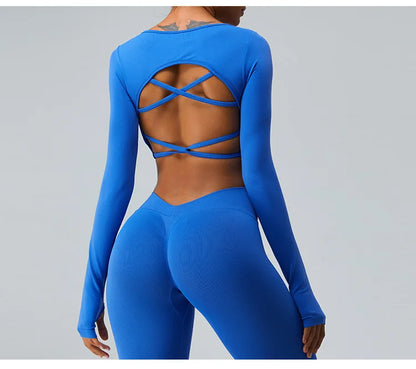 Sexy Women's Backless Shirt Seamless Crop Top Fitness Shirts Long Sleeve Gym Workout Sports Top Woman Front Yoga Tops Activewear