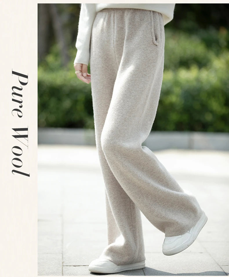 DjzDsm Women's 100% Merino Wool Wide Leg Straight Leg Pants Autumn Winter Thickened Comfortable Fit Trousers