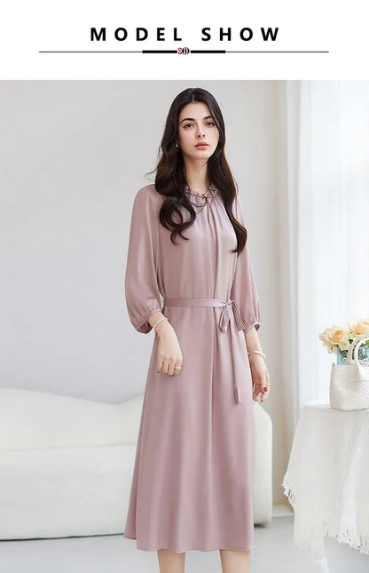 SuyaDream, Women Elegant Dresses, Real Silk, O Neck, 3/4 Sleeved, Black Mid Dress, 2026 Spring Summer Cloth