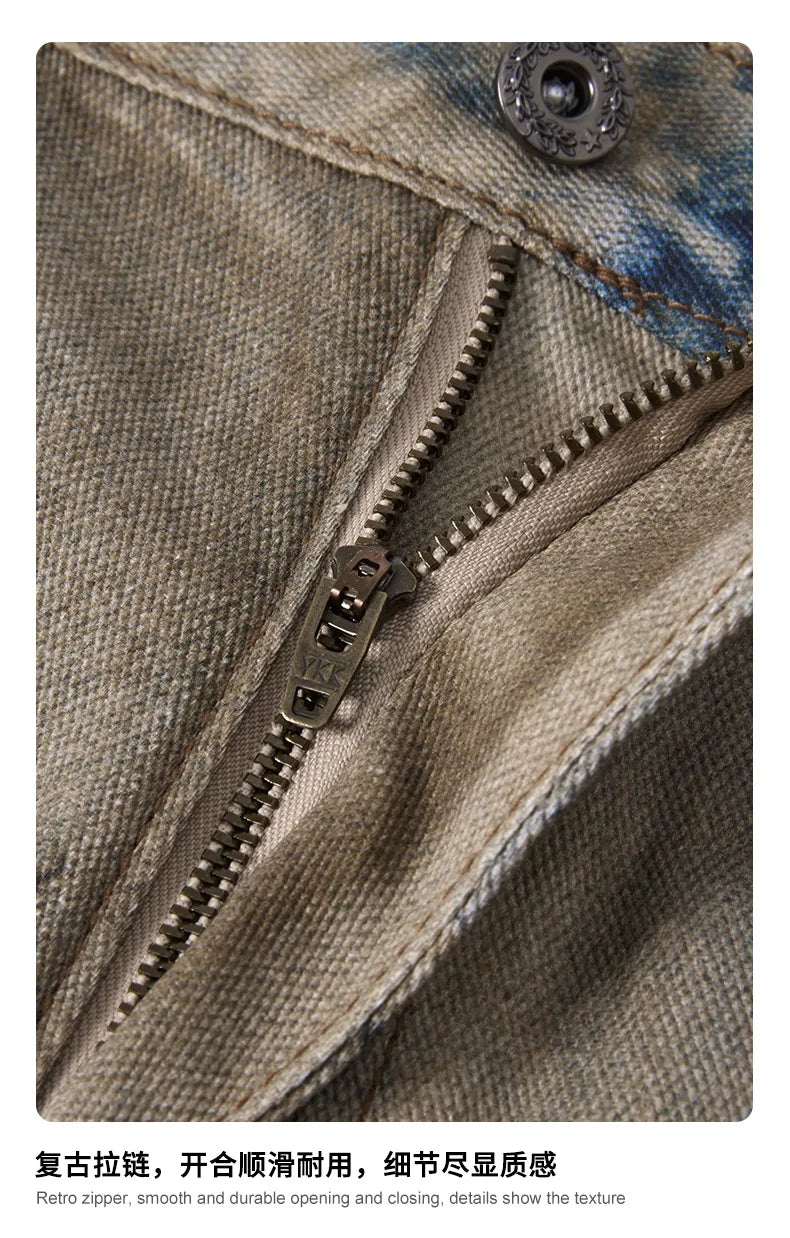Custom LOGO men's 270G pure cotton high street retro casual pants scimitar denim texture mud yellow old loose wide-leg pants