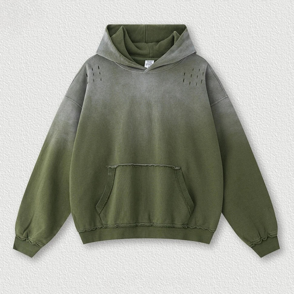 Custom LOGO men's 2025 autumn 370G heavy 100% cotton gradual change hole hooded sweater straight trousers set