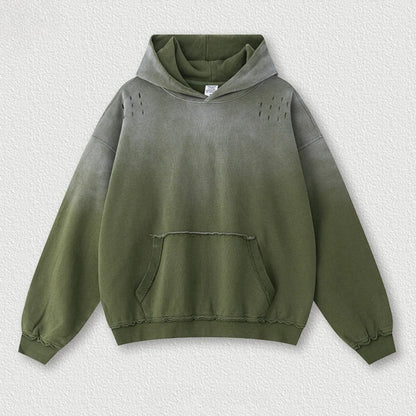 Custom LOGO men's 2025 autumn 370G heavy 100% cotton gradual change hole hooded sweater straight trousers set