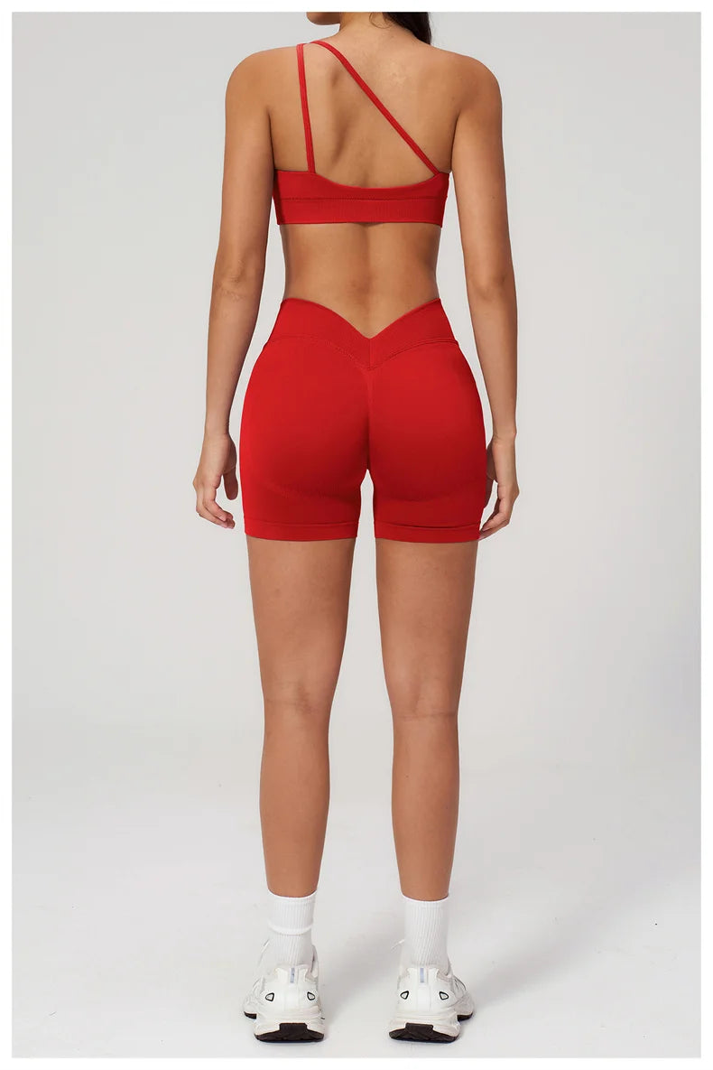 TRY TO BN Seamless Two Pieces Women's Tracksuit Yoga Shorts Set One-shoulder Hollow Backless Fitness Running Workout Gym Clothes