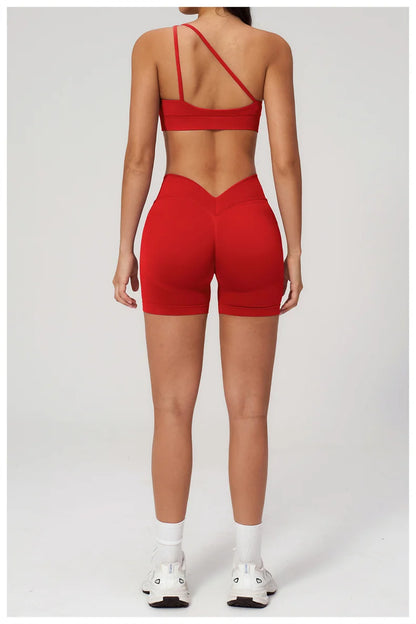 TRY TO BN Seamless Two Pieces Women's Tracksuit Yoga Shorts Set One-shoulder Hollow Backless Fitness Running Workout Gym Clothes