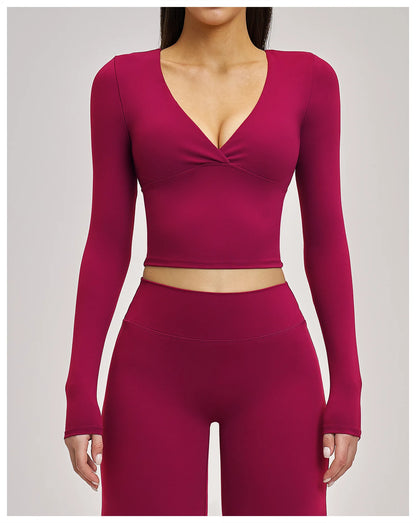 Deep-V Yoga Long Sleeve Solid Sports T-shirts Women's Gym Workout Shirts Sexy Quick Dry Fitness Long Sleeve Female Yoga Shirts