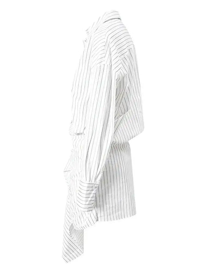 DEAT Fashion Striped Wrap Tie Waist Shirt Mini Dress Women's Lapel Asymmetric Ruched Hem Striped Bodycon Dresses Summer New