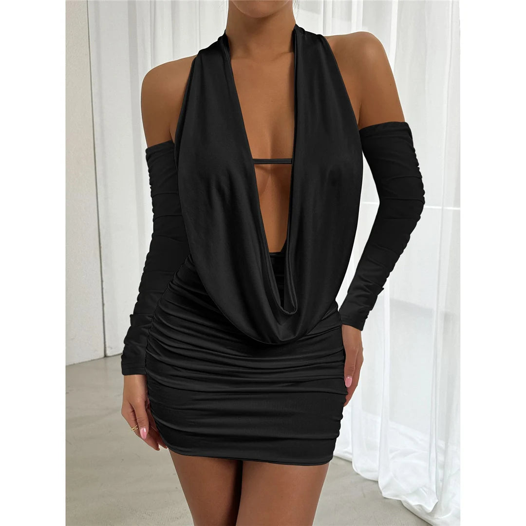 V Neck Halter Pleated Summer Dress Evening Party Bodycon Dress Elegant Mini Dress For Women Tight Dress Clubwear Vestidos VD367