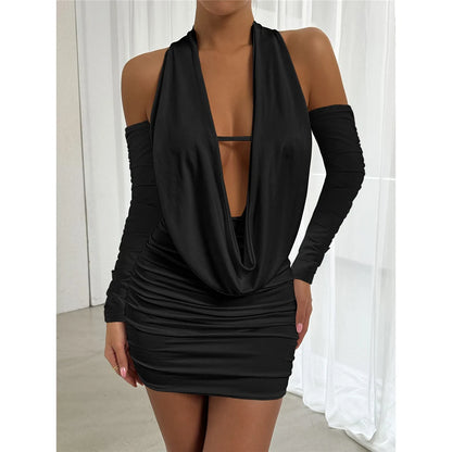 V Neck Halter Pleated Summer Dress Evening Party Bodycon Dress Elegant Mini Dress For Women Tight Dress Clubwear Vestidos VD367