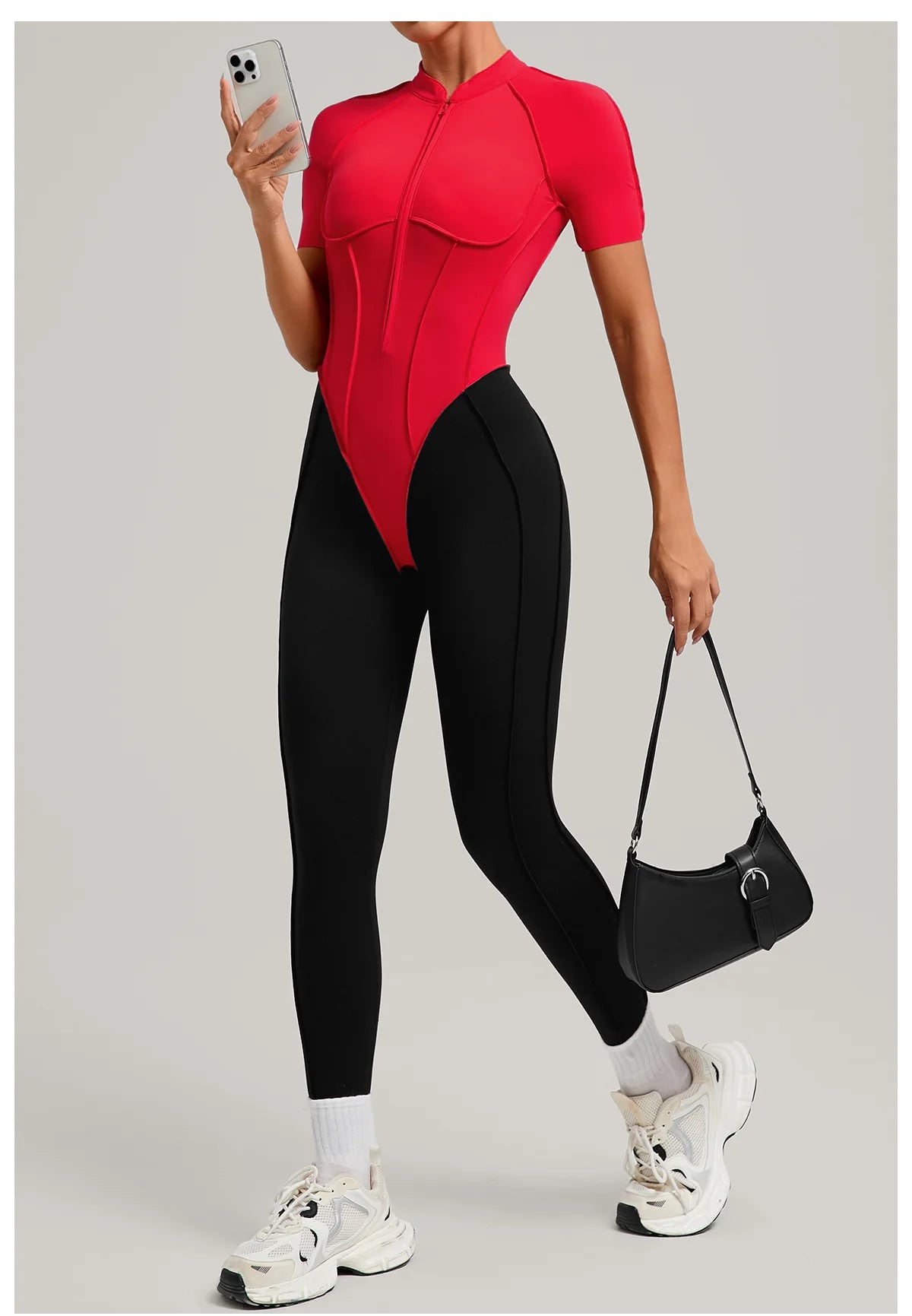 SOISOU Zipper Jumpsuit Women Nylon Clothing Sportswear Woman Gym Yoga Sport Sets Short Sleeve Workout Sets Women Tracksuit