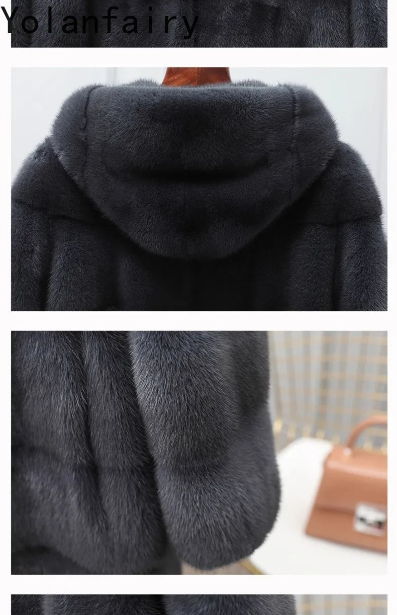 YOLANFAIRY Real Fur Coat Women Winter High Quality Mink Fur Jackets for Women Mid-length Natural Fur Coats Black Mink Jacket