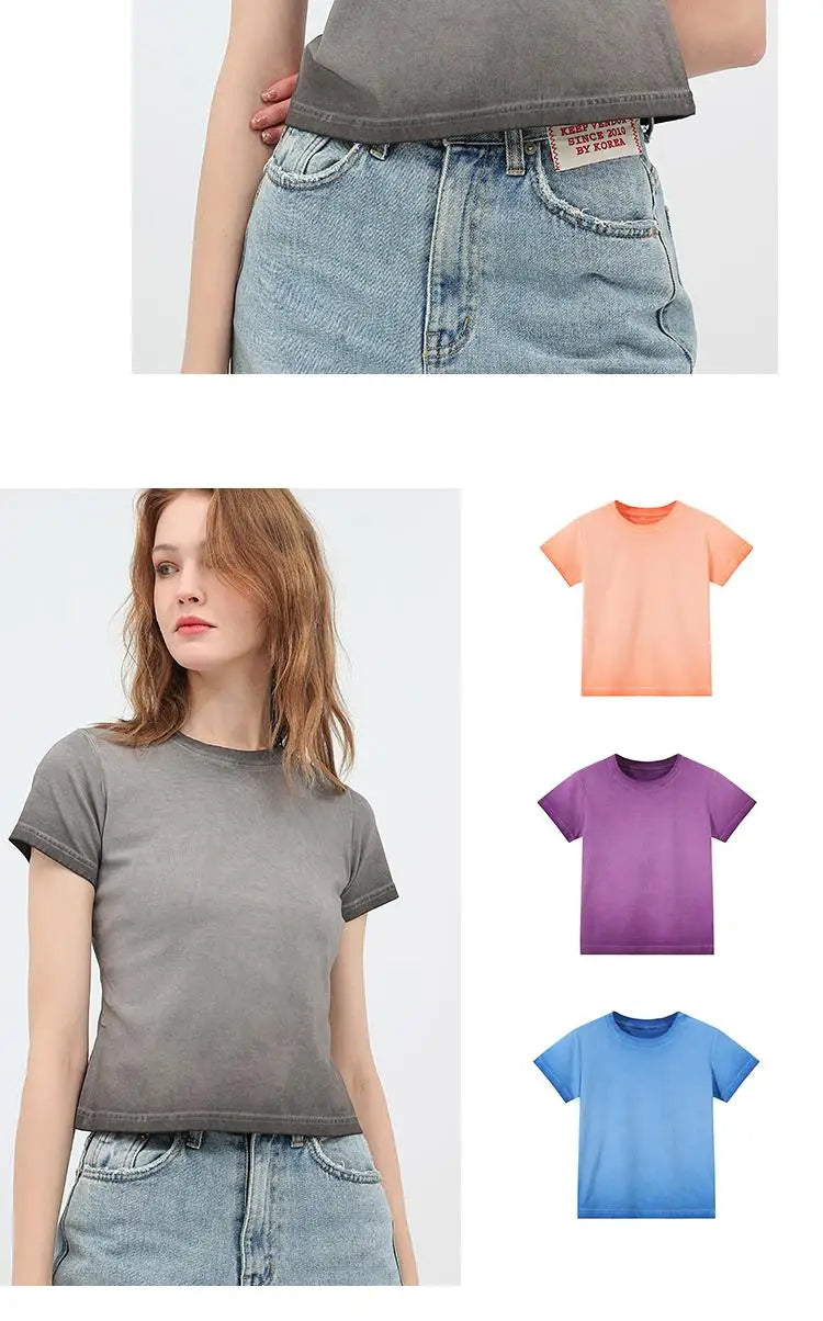 Female 240GSM Gradient Washed Custom LOGO Solid Slim  T-Shirt Soft Cotton Streetwear Casual Short Sleeve Cool Retro For Women
