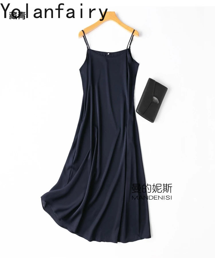 YOLANFAIRY 19momme 93% Mulberry Silk Spaghetti Strap Dress for Women Elegant Mid-length Sexy Real Silk Summer Dresses Woman 원피스