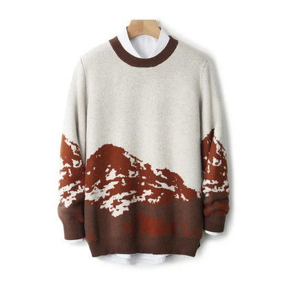 Autumn/Winter New 100% Merino Wool Knit Sweater Men's O-Neck Color Block Cashmere Pullover Business Casual Thick Long-Sleeved