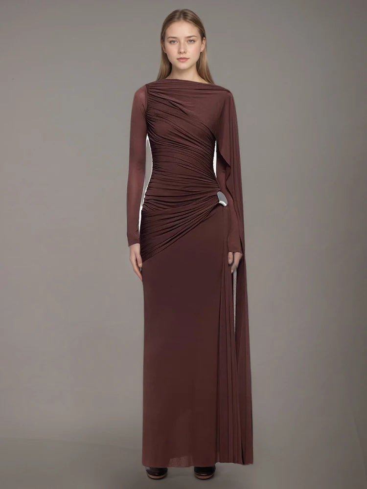 DEAT Fashion Brown Asymmetric Pleated Minimalist Dress Women's Round Neck Slim Fit Long Sleeves Ankle-length Dresses New
