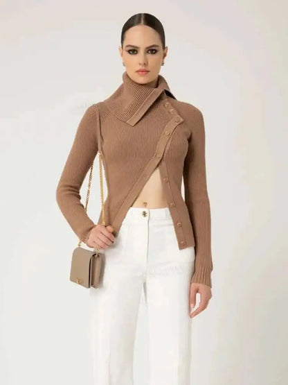 DEAT Fashion Brown Irregular Knitted Tops Women's Turtleneck Slim Fit Button Long Sleeves Short Sweater Autumn New