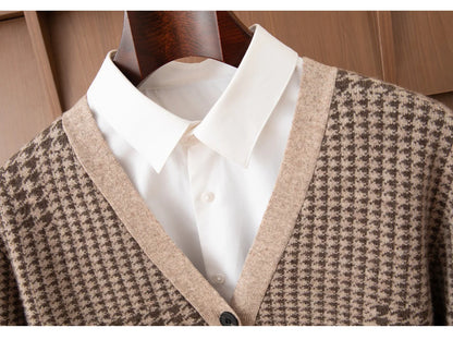 Men's V-Neck Cardigan Business Casual Jacquard Thickened Jacket 100% Merino Wool Knit Coat Autumn Winter Warmth Men's Clothing