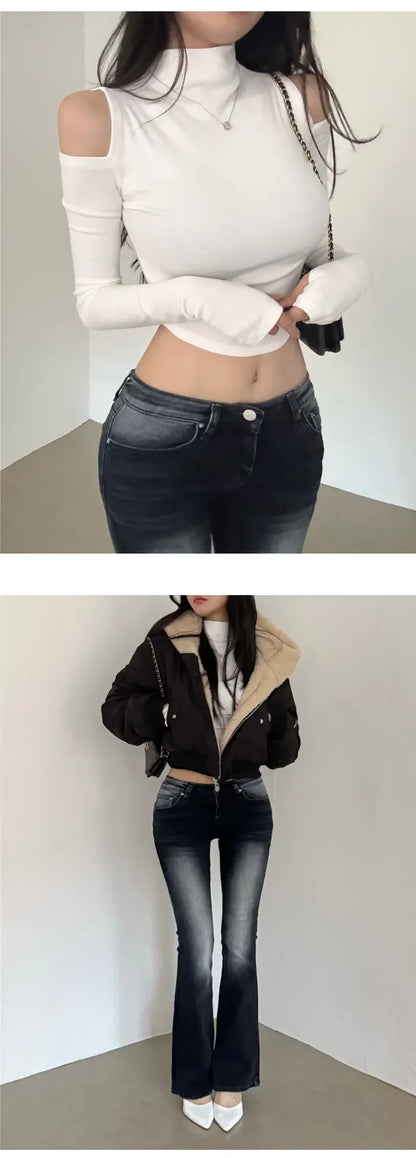 Low Waist Stretchy Slimming Long Legging Effect Bell Bottoms Korean Style Sexy Girl Jeans High Waist Slim Fit Faded Denim
