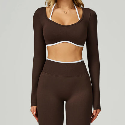 Women Sexy Solid Crop Tops Gym Workout Shirts Yoga Sports Long Sleeve Female Fitness T-Shirt Exposed Navel Quick Dry Sports Tops