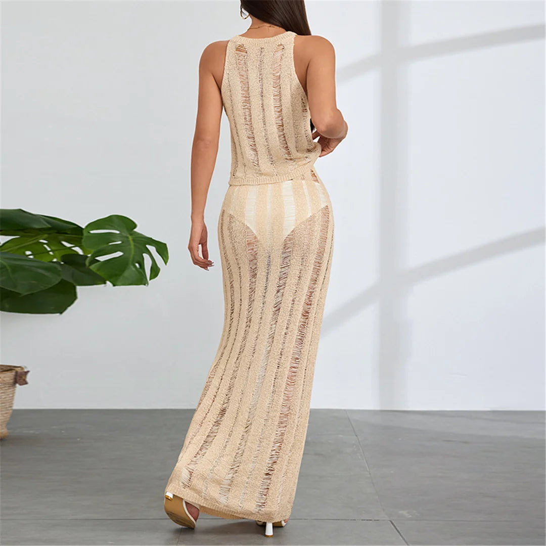 New Sleeveless Crochet Knitted 2 Pieces Suits Tunic Beach Cover Up Cover-ups Beach Dress Beach Wear Beachwear Female Women V6717