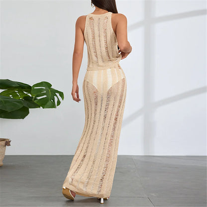 New Sleeveless Crochet Knitted 2 Pieces Suits Tunic Beach Cover Up Cover-ups Beach Dress Beach Wear Beachwear Female Women V6717