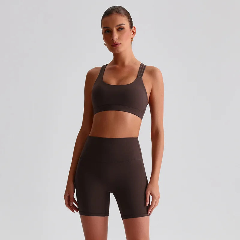 Solid Color High Impact Solid Gym Yoga Set Tight Legging Fitness Cross-back straps Bra Top 2pcs Soft Sport Suit  Women Sportwear