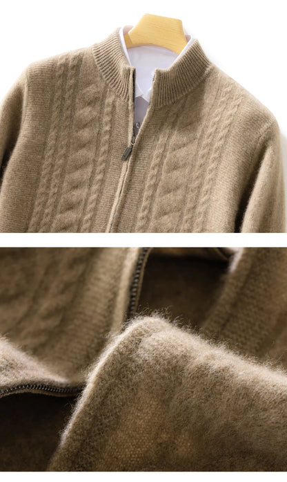 High Quality Men Mock Collar Twisted Cardigan Autumn Winter Thick Zipper 100% Merino Wool Sweater Casual Coat Cashmere Knitwear