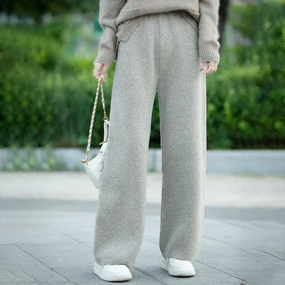 DjzDsm Women's 100% Merino Wool Wide Leg Straight Leg Pants Autumn Winter Thickened Comfortable Fit Trousers