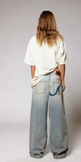 DEAT Fashion Fold Over Waist Flare Jeans Women's Low Waist Slim Light Blue Denim Pants Summer New