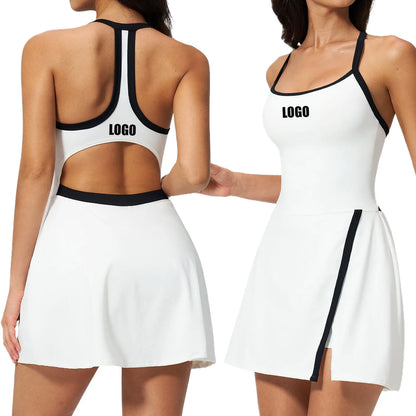 Custom LOGO women's nude yoga dress hollow breathable slim fitness sports quick-drying short skirt