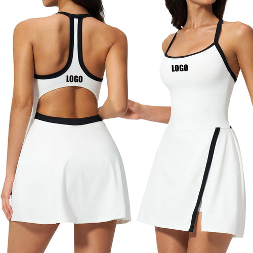 Custom LOGO women's nude yoga dress hollow breathable slim fitness sports quick-drying short skirt