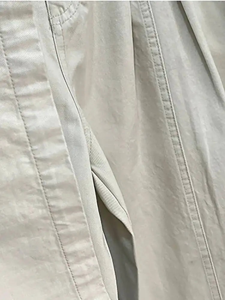 DEAT Fashion Pleated High Waisted Wide Leg Pants Women's Front Seam Straight Leg Beige Loose Trousers Summer New 7A4548